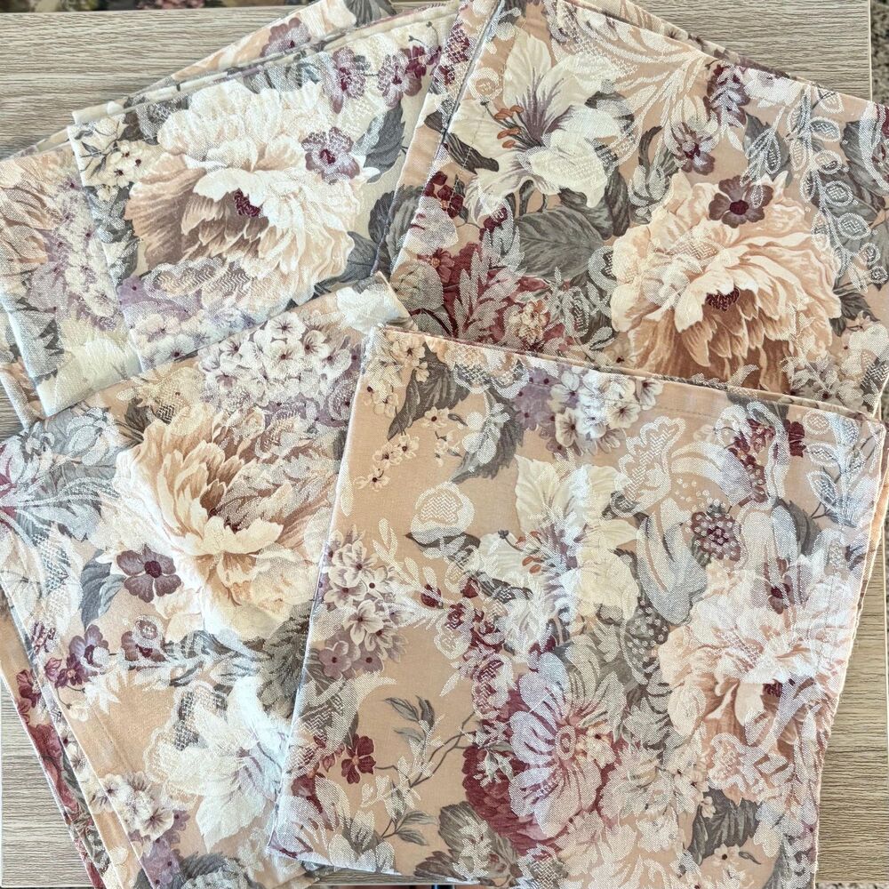 Set of 5 Floral Damask Napkins 18x18 Cottagecore Table Linens Rose Print W-C Des